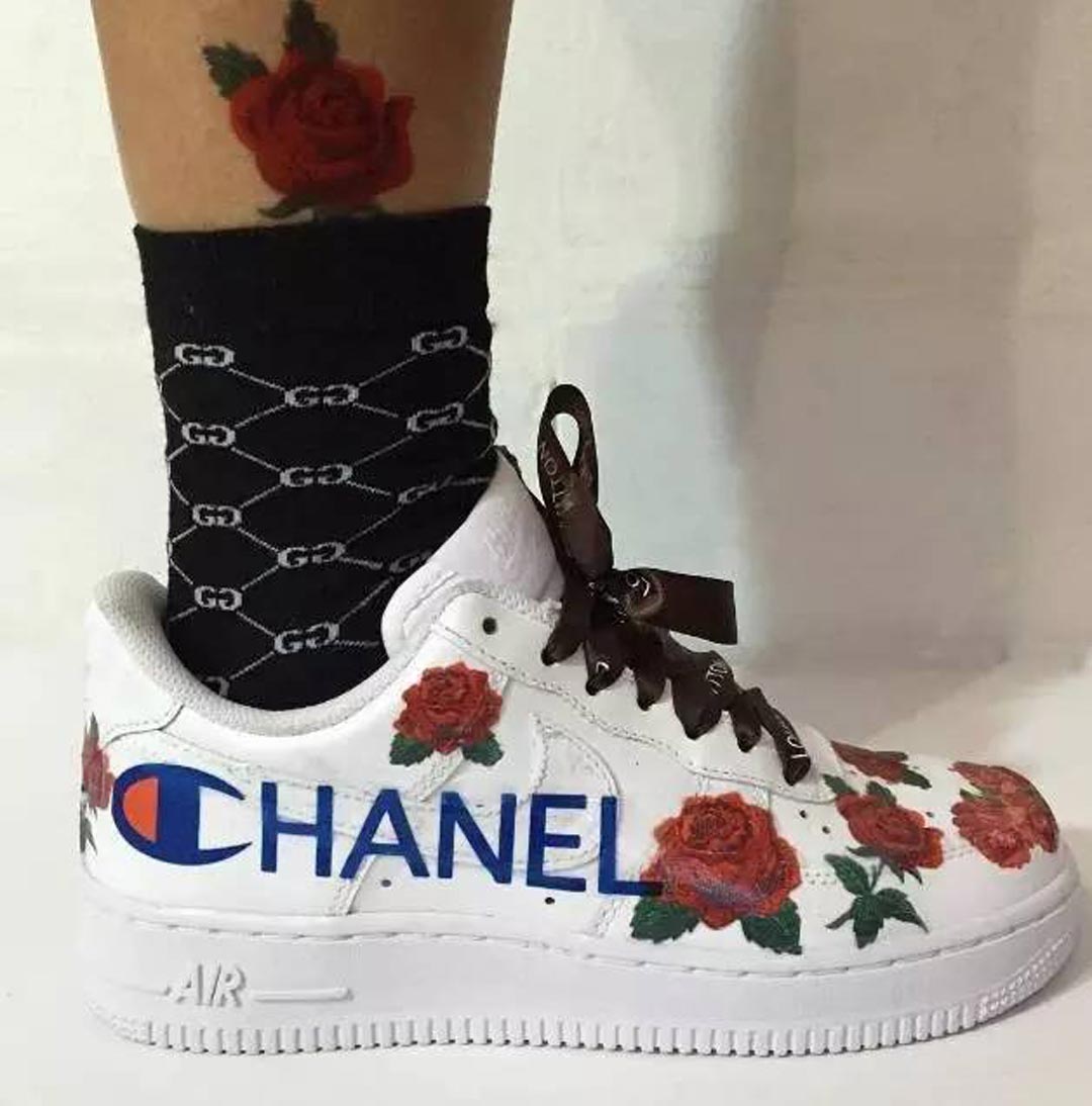 chanel x champion联名的nike air force 1鞋子.